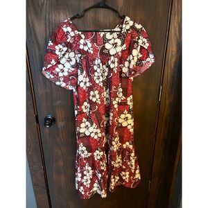 Winnie Fashion Hawaiian Dress Red Hibiscus Floral Ruffle Hem Medium